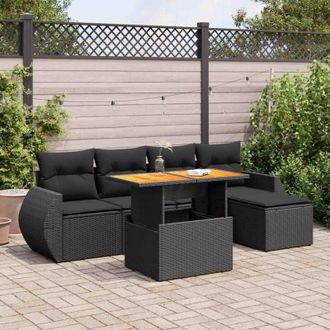 vidaXL Set De Sof&aacute;s De Jard&iacute;n 6 Piezas Y Cojines Rat&aacute;n Sint&eacute;tico Negro