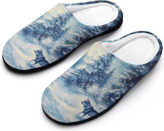 Generic Wolf Snowy Landscape Pine Trees Slippers Men Winter Warm Cotton Anti-Slip Indoor Slip-Ons House Shoes