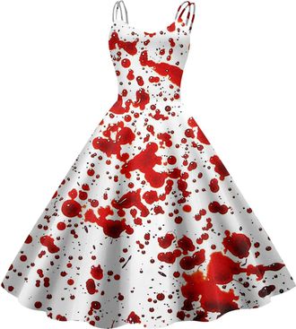 Generic Bloody Halloween Funny Help Costume Women Blood Stained Dresses Vintage 1950s Spider Sleeveless V Neck Cocktail Party Dress Audrey Hepburn Spaghetti S