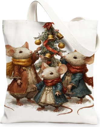 Generic Christmas Mice Canvas Tote Bags, Cute Animal Design Reusable Grocery Bags, Lightweight Washable Canvas for Travel, Beach, P, White, 13x15 Inch