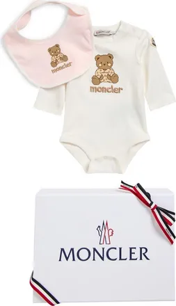 Moncler Cotton Bodysuit & Bib Set in F05-White/pink at Nordstrom, Size 9-12M