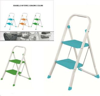 Trade Shop Trade Shop - Taburete De Hierro De Colores Escalera 2 Pelda&ntilde;os Azul Claro - Verde - Naranja Pratiko