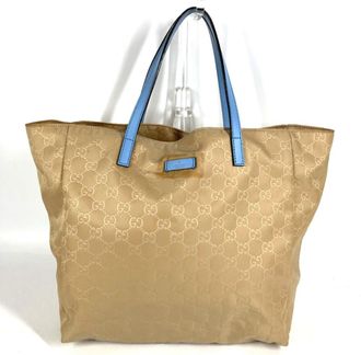 Gucci Beige Blue Leather Nylon Handbag Shoulder Bag Tote Bag (Pre-Owned)
