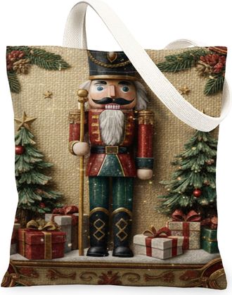 Generic Christmas Vintage Nutcracker Canvas Tote Bags, Holiday Decor Lightweight Washable Shoulder Bags for Grocery Travel Shopping, Red, 13x15 Inch
