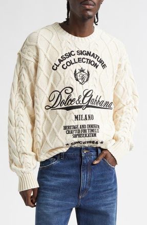 Dolce & Gabbana Embroidered Cable Stitch Sweater in Beige at Nordstrom, Size Xx-Large