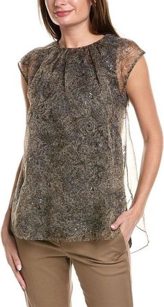 Brunello Cucinelli Womens Beige Brown Paisley Sheer Blouse, Size M