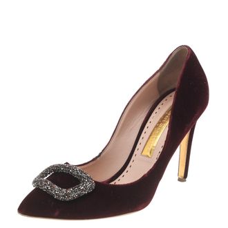 Rupert Sanderson Deep Red Velvet Crystal Embellished Pointed Toe Pumps