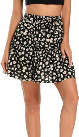 Hoerev Womens Girls Floral Flared Short Skirt Cute High Waist Ruffle Skirt Beach Mini Skirt,XXX-Large,Black_Daisy