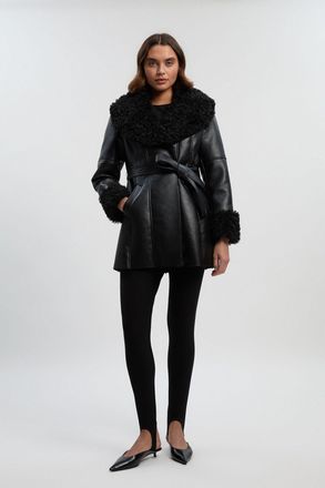 Karen Millen Womens Faux Long Fur Belted Cuff And Collar Coat - Black - Size 12 UK