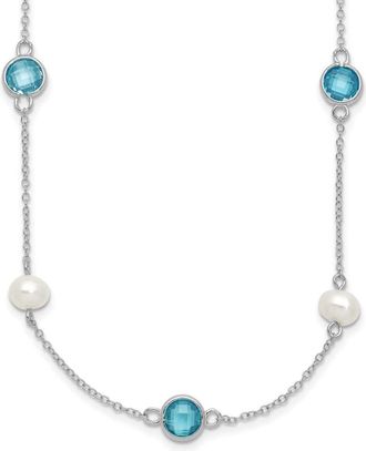Diamond2Deal Sterling Silver Blue Pineapple-cut Cubic Zirconia & Cultured Pearl 9 Station Necklace 18