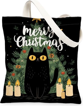 Generic Christmas Cat Canvas Tote Bags, Holiday Feline Design Reusable Grocery Bags, Festive Lightweight Washable Shoulder Strap Ca, Black, 13x15 Inch