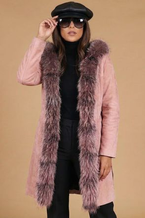 D'Arienzo Cappotto in pelle scamosciata rosa con cappuccio bordato pelliccia DArienzo, Seleziona Taglia M, Colore Rosa