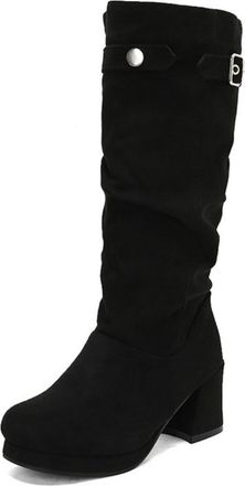 Generic Womens Faux Suede Mid-Calf Boots Round Toe Platform Long Boots Chunky Heel Tall Boot with Buckle,Black,9.5 UK