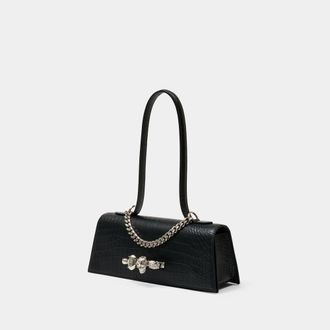 Alexander McQueen Womens Jewelled Croc-Embossed Calfskin Shoulder Bag Black