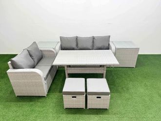 Fimous 7 Seater PE Rattan Wicker Garden Furniture Patio Conservatory Sofa Set w/ Rectangular Dining Table 3 Seater Sofa Love Sofa 2 Stools 2 Side