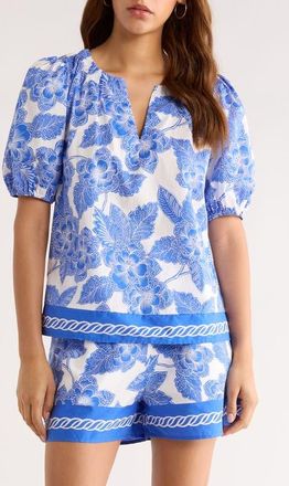 Sugarlips Rency Floral Billy Puff Sleeve Top in White-Blue at Nordstrom, Size X-Small