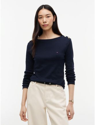 Tommy Hilfiger Womens Gold-Button Boatneck T-Shirt - Navy Blue - XXL