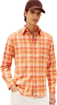 Tommy Hilfiger Long Sleeve Checked Regular Fit, Mens Button Down Shirt, Brilliant Orange/Check, Medium