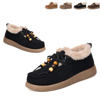 Generic Fashion Beaded Lace Up Comfort Round Toe Warm Cotton Shoes Womens Suede Platform Loafers with Fur Lined Anti-Slip Soft Sole Daily Work Walking Shoes (