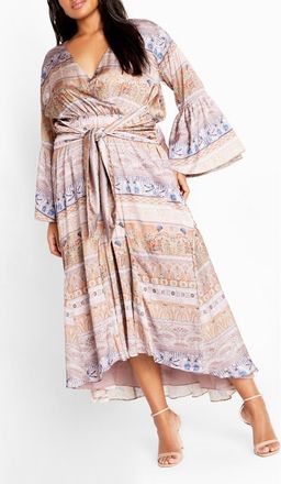 City Chic Marilyn Long Sleeve Faux Wrap Maxi Dress in Print at Nordstrom, Size Xxl