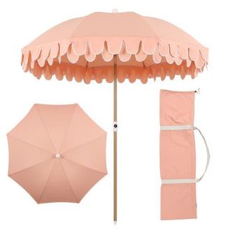 Jonathan Y Designs Horizon 6.5 ft. Classic MidCentury Scalloped Fringe Market Beach Umbrella with Push-Button Tilt in Coral Pink - Light Brown Pole at
