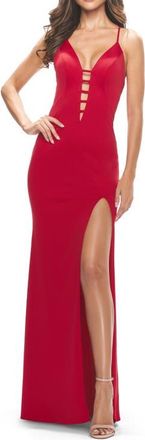 La Femme Fitted Matte Jersey Gown with Unique Deep V Neckline in Red at Nordstrom, Size 00