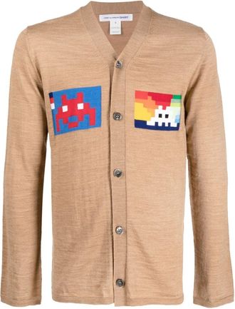 Comme Des Garçons graphic-print V-neck cardigan - men - Wool/Acrylic - L - Neutrals