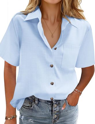 Zeagoo Womens Shirts Cotton Button Down Shirt Short Sleeve Blouses V Neck Collared Blouse Casual Tops Solid Color Shirts Sky Blue M