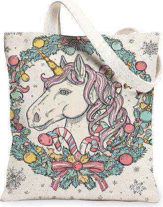 Generic Christmas Magical Horse Canvas Tote Bags, Holiday Wreath Design Reusable Grocery Bags, Lightweight Washable Shoulder Strap, White, 13x15 Inch