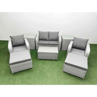Fimous Light Grey pe Wicker Rattan Garden Furniture Set Sofa Set Reclining Adjustable Chair Rectangular Coffee Table 6 Seater 2 Big Stools 2 Side Table