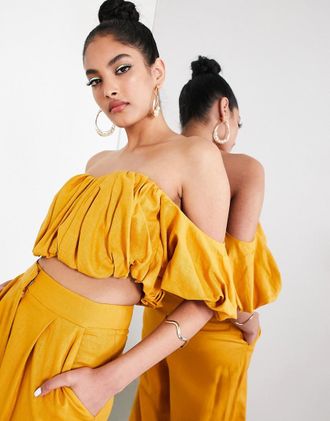 Asos Schulterfreies Oberteil mit Puff&auml;rmeln in Senfgelb, Kombiteil