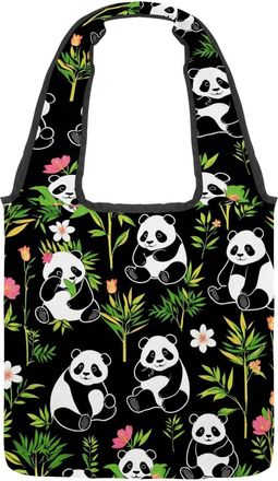 Generic Cute Cartoon Panda Reversible Canvas Shoulder Tote - Double-Sided Print, 12oz Cotton, 27cm Drop, Fold-Flat Bag for Travel, Shopping, Street Outings