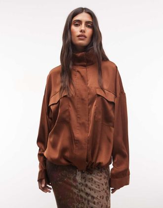 Asos coordinato windbreaker in raso color cioccolato-Marrone