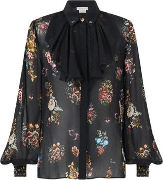 Camilla Camicia in seta con colletto e dettaglio a volant - Night Garden - - Blouses & Shirts - Donna - Nero - S