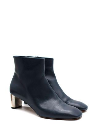 Celine Navy Leather Silver Brushed Heel Ankle Boot Size 40