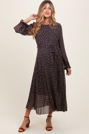 Pinkblush Floral Front Tie Pleated Midi Dress in Navy Blue at Nordstrom, Size Small
