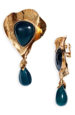 Saint Laurent Heart Drop Cabochon Clip-On Earrings in Dark Green/Gold at Nordstrom