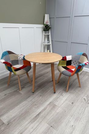 Life Interiors Patchwork Halo Dining Set for 2 - a Round Dining Table & Set of 2 Fabric Dining Chairs with Armrests in Light Brown