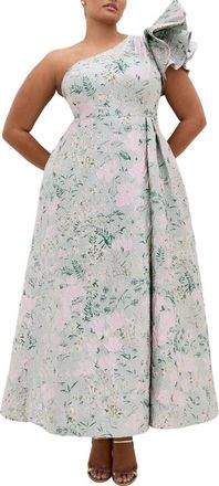City Chic Enchanting Metallic Puff Sleeve One-Shoulder Gown in Secret Garden at Nordstrom, Size 14W
