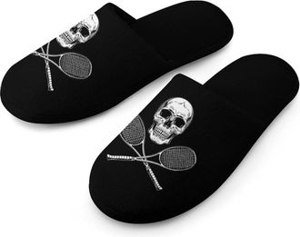 Generic Skull And Tennis Racket Warm Mens Slippers Slip On Soft Fleece House Shoes Winter Indoor Outdoor