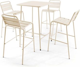 Oviala Mesa de bar y 4 taburetes altos de metal marfil