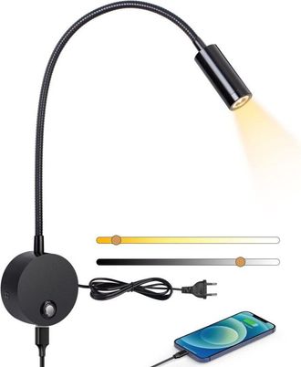 OEM Liseuse Murale - Led 3 W - Temperatura De Color Ajustable 3000 K A 6000 K - Brazo Flexible 360&deg; - Puerto Usb 5 V 2 A - Cable 1,8 M - Enchufe Ue - Negr