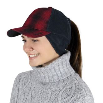 TrailHeads Womens Winter Ponytail Hat | Trucker Hat with Drop Down Ear Warmers - red Plaid