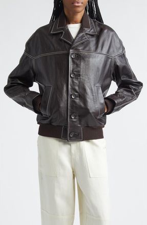 Wales Bonner Time Rib Trim Leather Jacket in Dark Brown at Nordstrom, Size Small