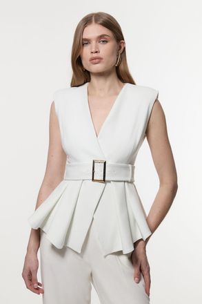 Karen Millen Womens Compact Stretch Belted Peplum Sleeveless Tailored Jacket - White - Size 10 UK