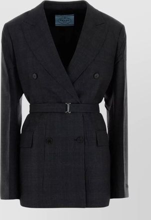 Prada wool blazer embroidery buttoned cuffs pockets lapels