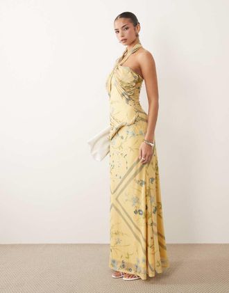 Asos Vestito lungo giallo a fiori allacciato al collo con drappeggio