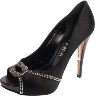 Gina Black Satin Crystal Embellished Platform Peep Toe Pumps