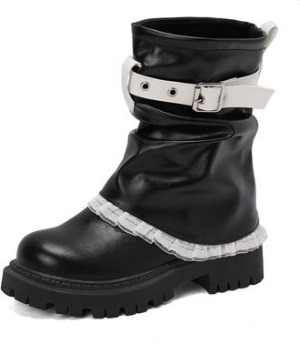 Generic Womens Closed Round Toe PU Leather Combat Booties Pull on Short Boots with Buckle Block Heel Platform Gothic Boots,Black,5.5 UK