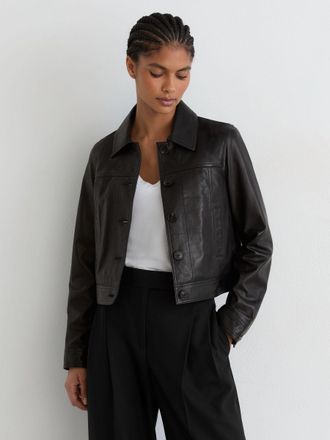 Reiss Black Leather Trucker Jacket, 10